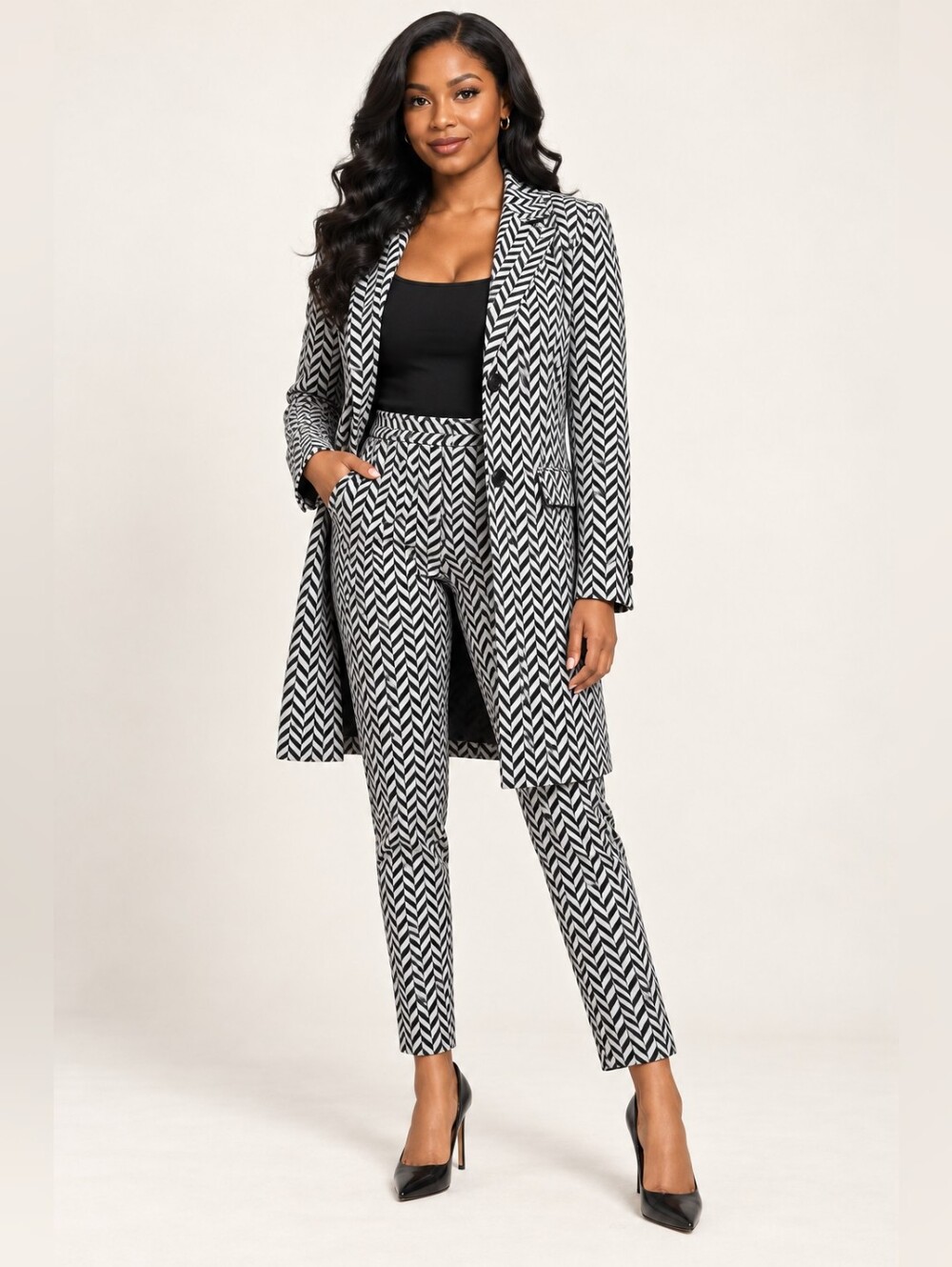 Herringbone Longline Blazer and Tapered Pants
